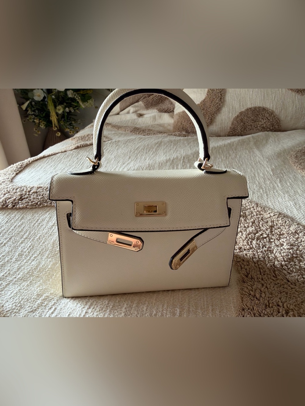 Structured White Top-Handle Satchel with Gold Hardware